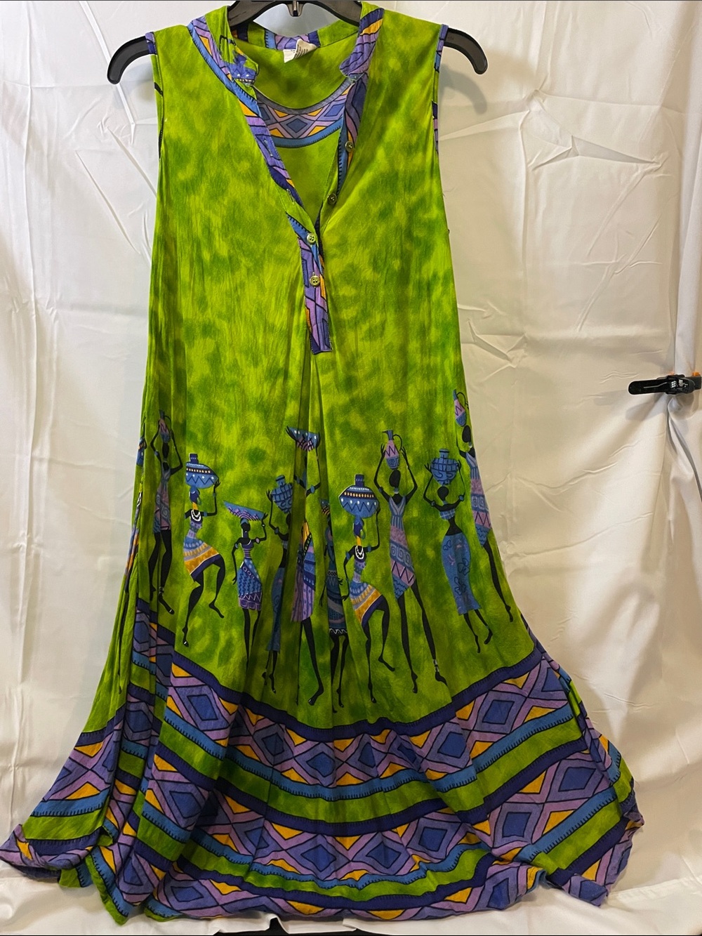 Lovely Vibrant Green bohemian Maxi Dress with Purple Tribal Border